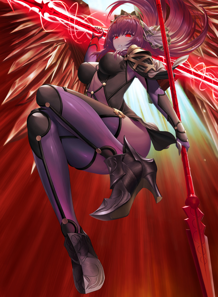 1girl absurdres bangs bodysuit breasts fate/grand_order fate_(series) gae_bolg hair_intakes highres holding holding_weapon looking_at_viewer pauldrons polearm pump_(iklee321) purple_bodysuit purple_hair red_eyes scathach_(fate)_(all) scathach_(fate/grand_order) shoulder_armor solo spear veil weapon