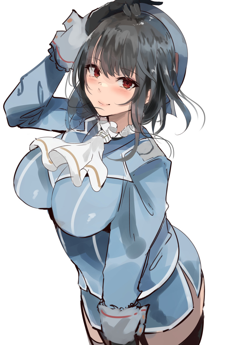 1girl absurdres ascot atago_(kantai_collection) beret black_gloves black_hair blue_headwear blue_jacket blue_skirt breasts endou_(zettai_bluenoid) garter_straps gloves hat highres jacket kantai_collection large_breasts looking_at_viewer military military_uniform miniskirt red_eyes short_hair simple_background skirt solo takao_(kancolle) uniform white_ascot white_background