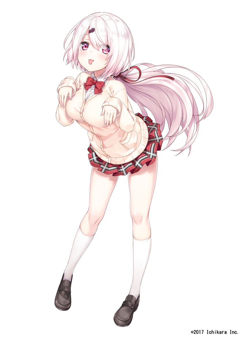 1girl breasts commentary_request full_body hair_ornament hairclip highres large_breasts lavender_hair long_hair nijisanji official_art ponytail ribbon school_uniform shiina_yuika simple_background socks solo standing tongue tongue_out violet_eyes white_background