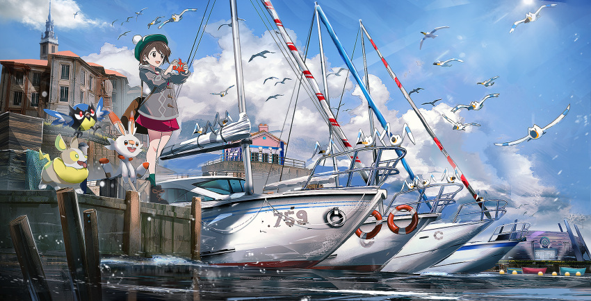 1girl backpack bag boat boots brown_eyes brown_hair building cardigan clouds dock flock gen_3_pokemon gen_8_pokemon harbor highres looking_afar ocean outdoors pier pokemon pokemon_(creature) pokemon_(game) pokemon_swsh rookidee rotom_phone sailboat scorbunny short_hair shoulder_bag skirt sky spire stadium swav tam_o'_shanter water watercraft wide_shot wingull yamper yuuri_(pokemon)