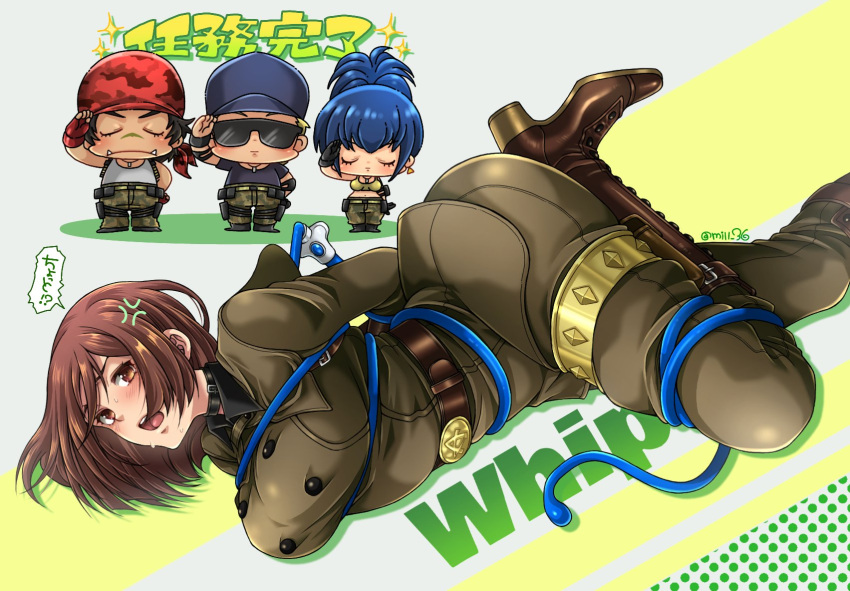 2boys 2girls artist_name blue_hair boots bound brown_hair chibi clark_still closed_eyes highres leona_heidern military military_uniform miru_(mill_36) multiple_boys multiple_girls ralf_jones salute sunglasses the_king_of_fighters tied_up uniform whip whip_(kof)