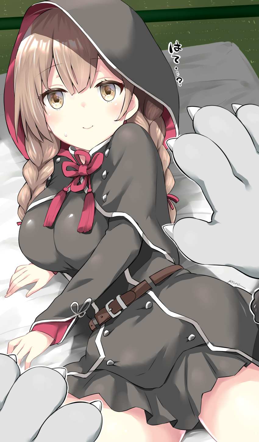 1girl absurdres belt black_capelet black_dress braid breasts brown_belt brown_eyes brown_hair buttons capelet dress eyebrows_visible_through_hair hair_ribbon highres hood hooded_capelet kantai_collection large_breasts long_hair long_sleeves paws pleated_dress red_ribbon ribbon ryuki_(ryukisukune) shinshuu_maru_(kantai_collection) smile solo_focus twin_braids