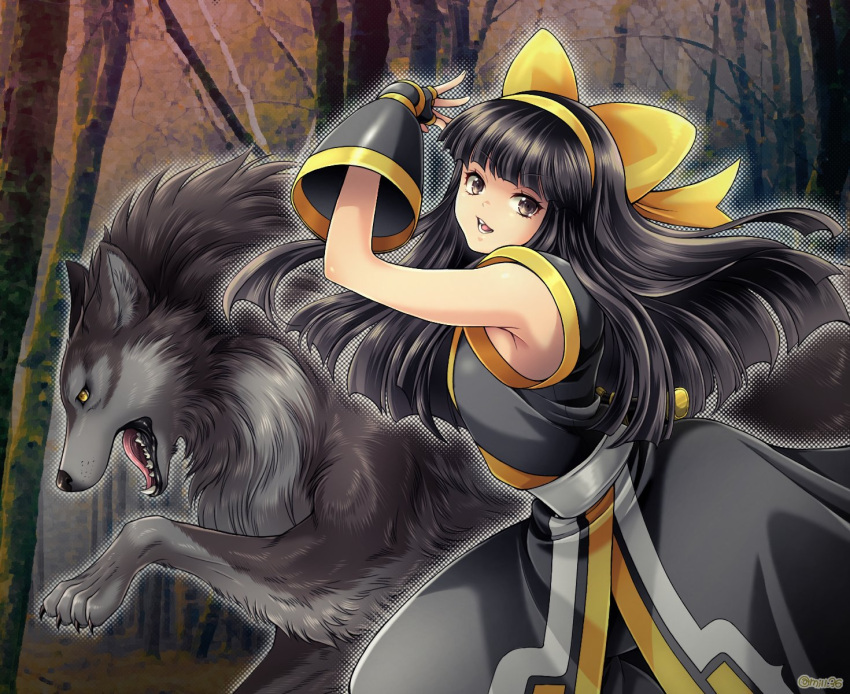 1girl ainu ainu_clothes black_hair bow fingerless_gloves forest gloves hairband highres long_hair miru_(mill_36) murasaki_nakoruru nakoruru nature samurai_spirits shikuru wolf yellow_bow