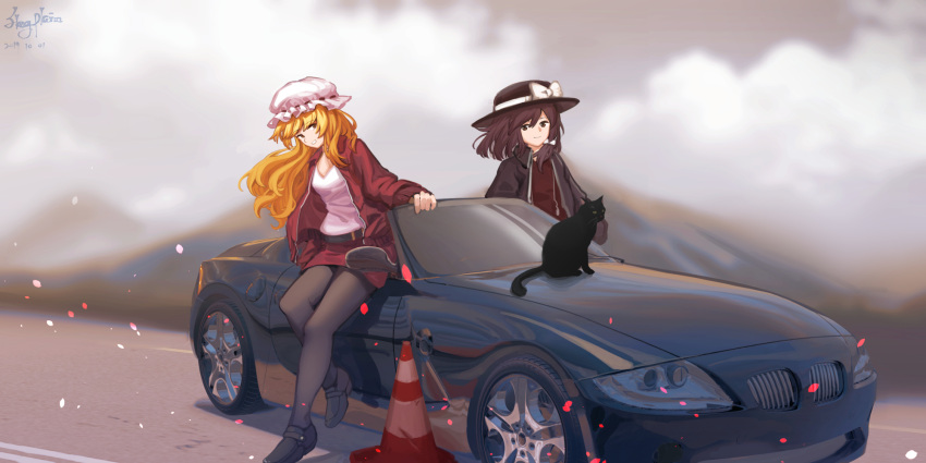 2girls alternate_costume artist_name belt black_cat black_footwear black_headwear black_jacket black_legwear blonde_hair blurry blurry_background brown_eyes brown_hair car cat clouds convertible dated depth_of_field furahata_gen grey_sky grin ground_vehicle hair_blowing hat hat_ribbon highres jacket leaning_forward light_particles loafers long_hair looking_at_viewer maribel_hearn miniskirt mob_cap motor_vehicle mountain multiple_girls on_vehicle open_clothes open_jacket outdoors pantyhose red_jacket red_shirt red_skirt ribbon road shirt shoes short_hair sitting sitting_on_object skirt smile standing touhou traffic_cone usami_renko vehicle_request very_long_hair violet_eyes white_headwear white_shirt wind