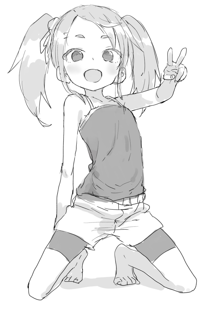 1girl :d bangs bare_arms bare_shoulders blush camisole commentary_request full_body greyscale hand_up highres kneeling long_hair looking_at_viewer monochrome no_shoes open_mouth original shadow short_shorts shorts smile solo swept_bangs thigh-highs twintails v white_background yamamoto_souichirou