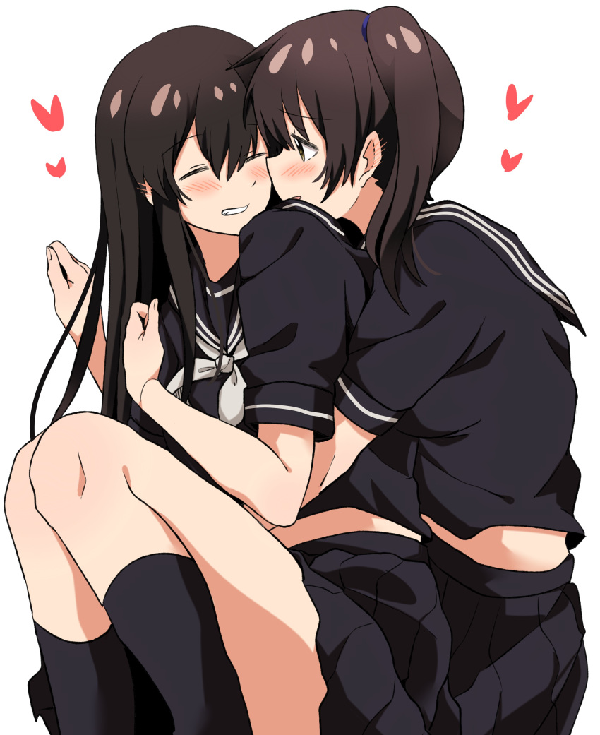 1girl absurdres akagi_(kantai_collection) alternate_costume black_sailor_collar black_serafuku brown_eyes brown_hair closed_eyes commentary_request feet_out_of_frame grin highres hug hug_from_behind kaga_(kantai_collection) kantai_collection long_hair looking_at_another miiii neckerchief sailor_collar school_uniform serafuku side_ponytail simple_background smile solo white_background white_neckwear