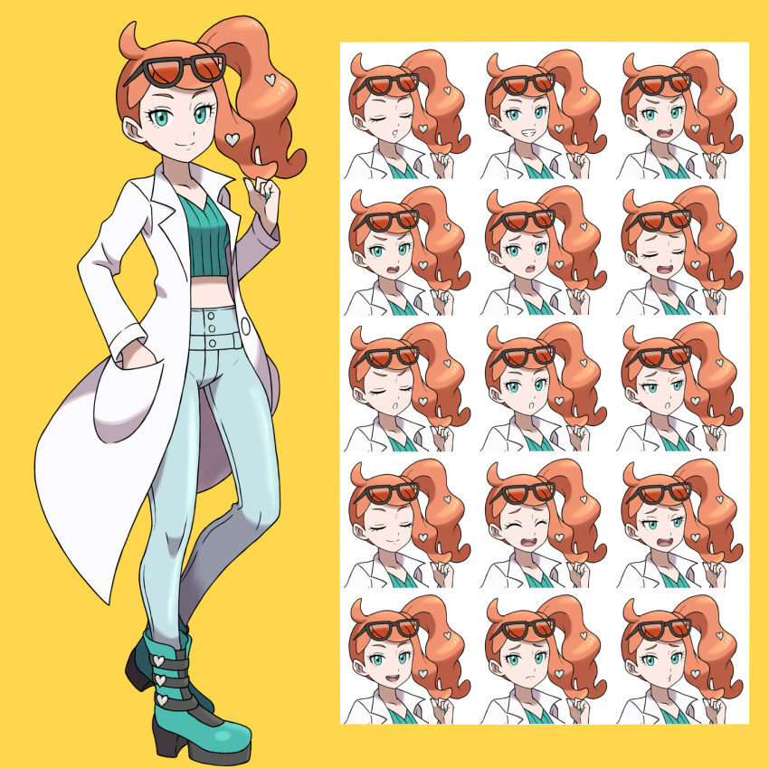 1girl aqua_eyes aqua_footwear aqua_nails asatsuki_(fgfff) black-framed_eyewear blue_pants closed_mouth expressions eyewear_on_head full_body hair_ornament hand_in_pocket heart heart_hair_ornament highres labcoat looking_at_viewer midriff nail_polish orange_hair pants pokemon pokemon_(game) pokemon_swsh shoes short_hair side_ponytail simple_background smile solo sonia_(pokemon) standing sunglasses yellow_background