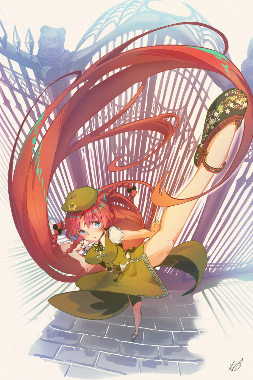 1girl absurdres aqua_eyes bare_legs bear beret blue_eyes braid fighting_stance gate hat highres hong_meiling htk_mikan leg_up long_hair looking_up redhead scarlet_devil_mansion side_braid solo star touhou twin_braids