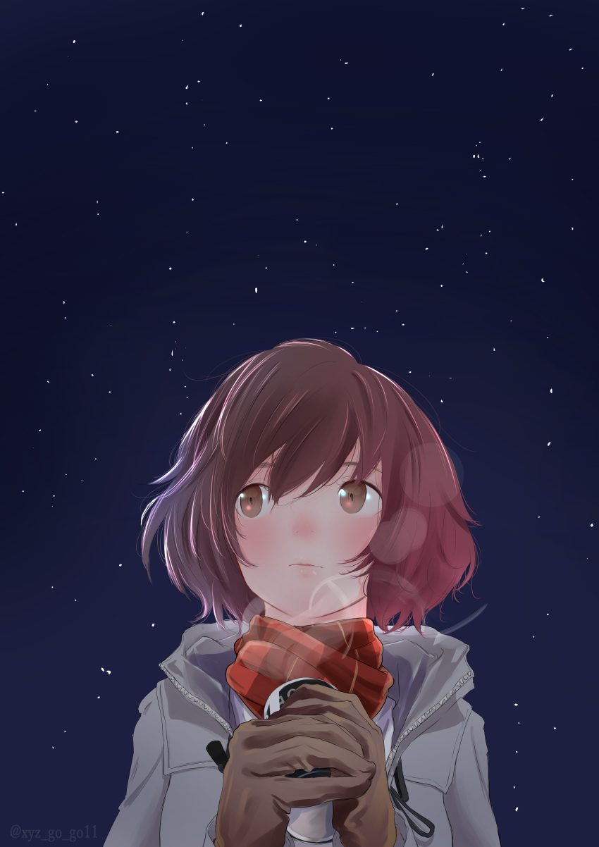 1girl absurdres akiyama_yukari blush brown_eyes brown_gloves brown_hair can canned_coffee girls_und_panzer gloves grey_jacket highres jacket looking_away oze_(xyz_go_go11) red_gloves red_scarf scarf short_hair sky solo star_(sky) starry_sky twitter_username upper_body