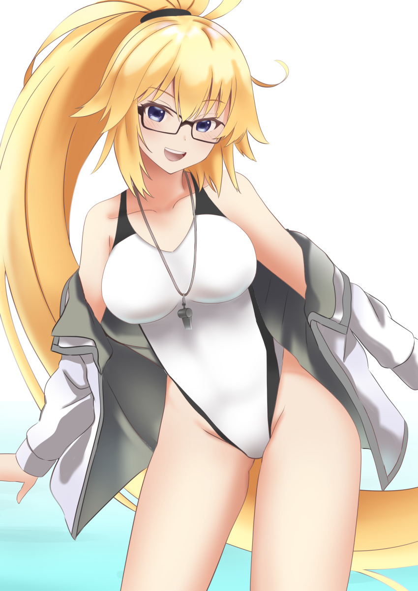 1girl bangs bare_shoulders blonde_hair blue_eyes blush breasts collarbone fate/grand_order fate_(series) glasses gradient gradient_background highleg highleg_swimsuit highres jacket jeanne_d'arc_(fate)_(all) jeanne_d'arc_(swimsuit_archer) john_manjirou_(love-love-happy21) large_breasts long_hair long_sleeves looking_at_viewer off_shoulder one-piece_swimsuit open_clothes open_jacket open_mouth ponytail scrunchie smile solo swimsuit thighs very_long_hair whistle whistle_around_neck white_jacket white_swimsuit