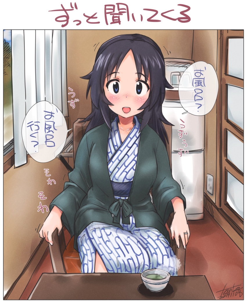 1girl :d artist_name bangs bath_yukata black_jacket blinds blue_eyes blue_hair blue_kimono blush commentary cup dated eyebrows_visible_through_hair fanta_(the_banana_pistols) freckles girls_und_panzer green_tea hanten_(clothes) highres indoors jacket japanese_clothes jewelry kimono long_hair long_sleeves looking_at_viewer motion_lines open_mouth print_kimono refrigerator ring shouji signature sitting sliding_doors smile solo steam table tea translated wedding_band window wooden_chair yamagou_ayumi yukata