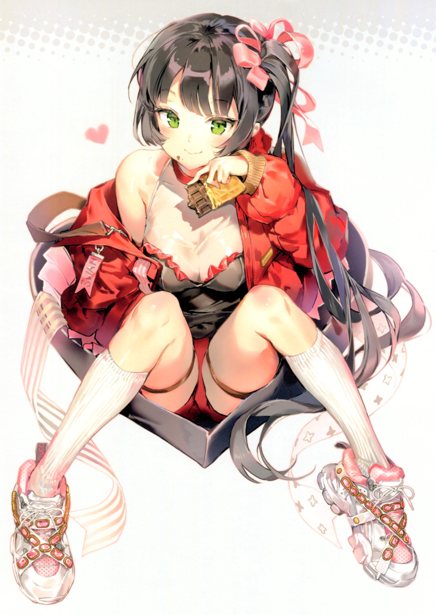 1girl absurdres anmi bangs bare_shoulders black_hair blush box chocolate closed_mouth collarbone eyebrows_visible_through_hair food food_on_face gift gift_box green_eyes hair_ribbon heart heart-shaped_box highres holding holding_food jacket kneehighs long_hair long_sleeves looking_at_viewer off_shoulder original red_jacket ribbon scan shoes shorts side_ponytail simple_background sitting sleeveless smile sneakers solo thigh_strap valentine very_long_hair white_background white_legwear