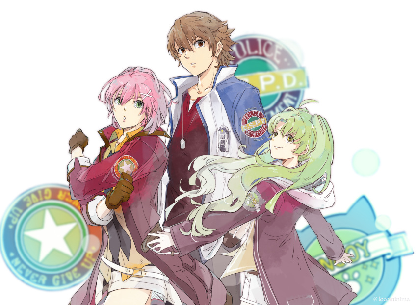 1boy 2girls ahoge ao_no_kiseki black_neckwear brown_eyes brown_gloves brown_hair coat collarbone collared_shirt cowboy_shot dog_tags eiyuu_densetsu english_text gloves green_eyes green_hair hair_between_eyes hair_ornament hairclip highres hooded_coat jacket juna_crawford kea_(eiyuu_densetsu) leather leather_gloves lloyd_bannings long_hair long_sleeves looking_at_viewer looking_back miche_(locominima) multiple_girls necktie orange_shirt outstretched_arms parted_lips pink_hair sen_no_kiseki shirt short_hair short_shorts shorts smile thighs twintails twitter_username yellow_eyes zero_no_kiseki