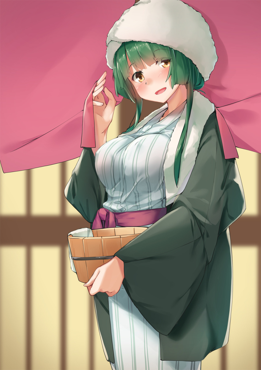 1girl :d bangs bath_yukata blurry blurry_background blush breasts brown_eyes commentary_request depth_of_field eyebrows_visible_through_hair green_hair hand_up highres holding japanese_clothes kanzen_bouon kimono long_hair long_sleeves looking_at_viewer medium_breasts obi open_mouth sash sidelocks smile solo striped touhoku_zunko towel towel_on_head vertical-striped_kimono vertical_stripes voiceroid white_kimono wide_sleeves yukata