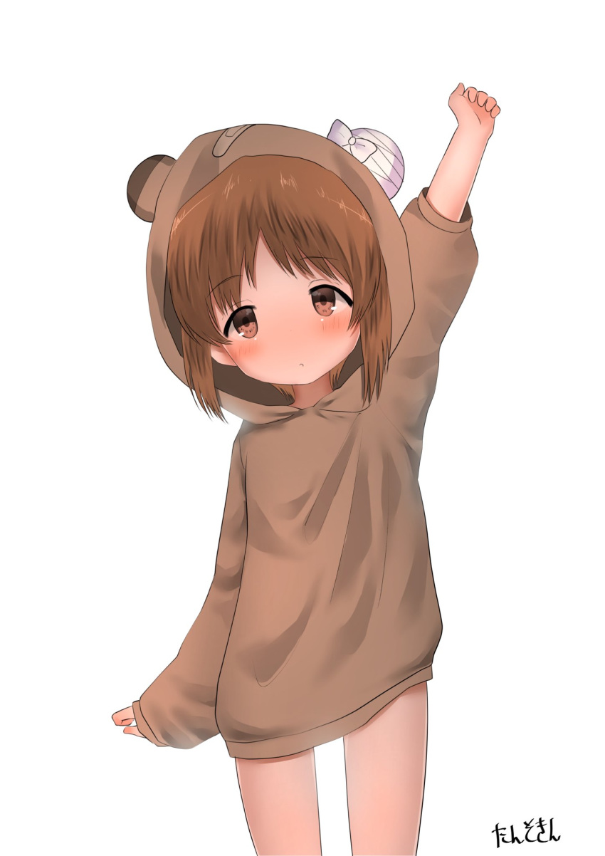 1girl animal_costume arm_up artist_name bad_id bad_twitter_id bangs bear_costume bear_hood blush boko_(girls_und_panzer) brown_eyes brown_hair commentary eyebrows_visible_through_hair girls_und_panzer head_tilt highres long_sleeves looking_at_viewer nishizumi_miho pajamas short_hair signature simple_background sleeves_past_wrists solo standing tansokin_(tanso_panz) white_background younger