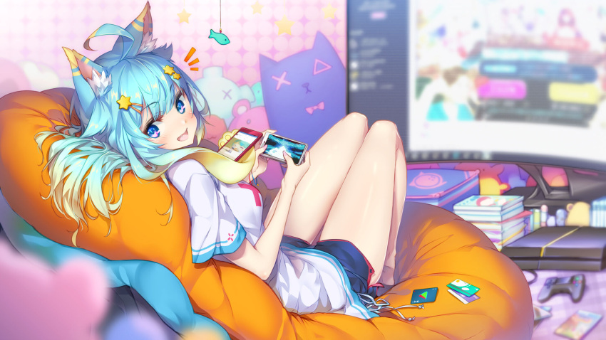 /\/\/\ 1girl :d ahoge animal_ears aqua_hair bare_legs barefoot bean_bag_chair blonde_hair blurry blurry_background blurry_foreground boyshorts breasts cat_ears cellphone controller curved_monitor depth_of_field eyebrows_visible_through_hair fang fate/grand_order fate_(series) game_console game_controller google_play gradient_hair hair_ornament hairclip highres hong_(white_spider) indoors lanmewko looking_at_viewer looking_back multicolored_hair nail_polish open_mouth original phone pink_nails playstation_4 prehensile_hair reclining shirt short_shorts shorts small_breasts smartphone smile solo t-shirt violet_eyes
