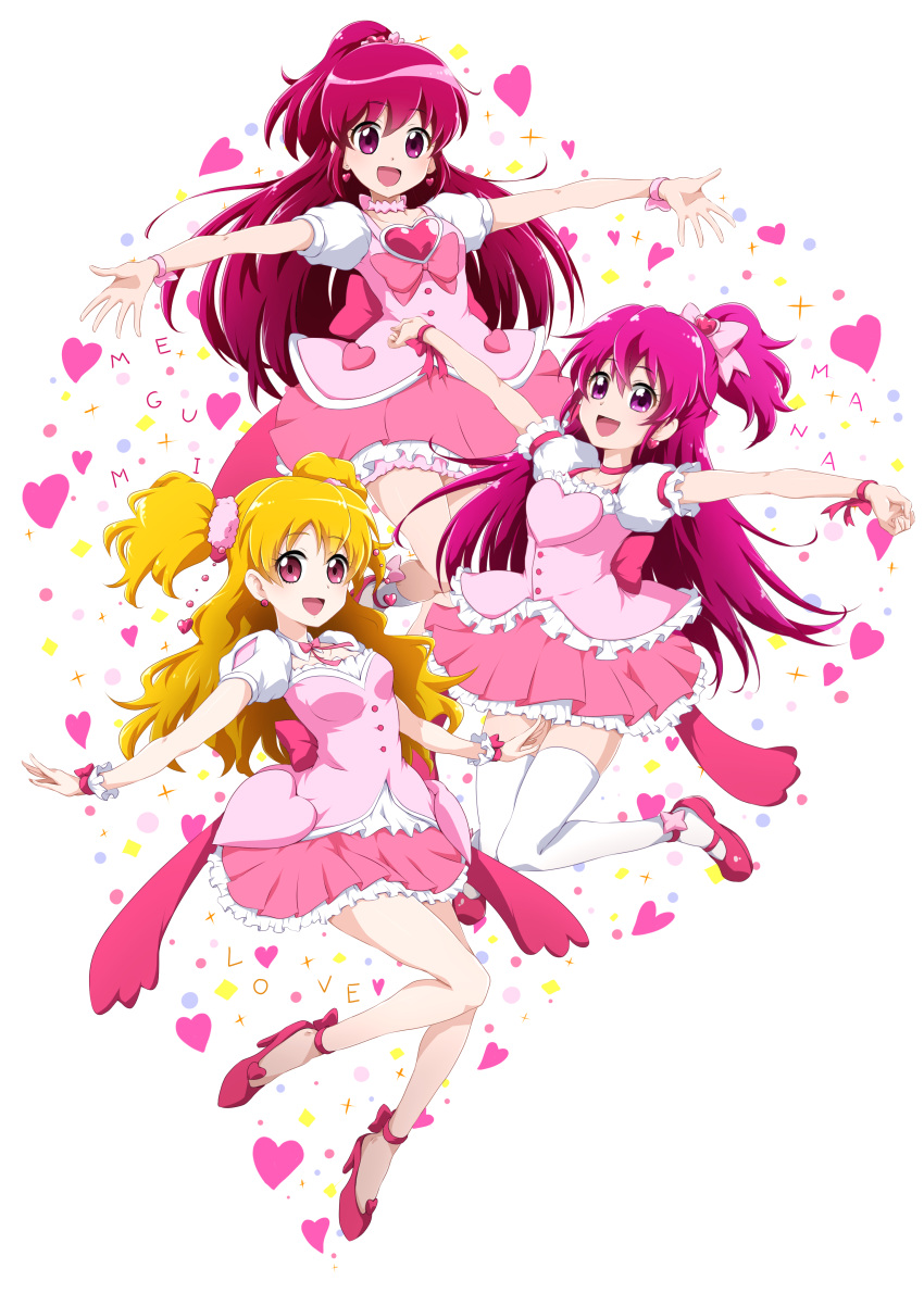 3girls :d absurdres aida_mana aino_megumi back_bow blonde_hair bow character_name dokidoki!_precure floating_hair fresh_precure! full_body hair_ornament happinesscharge_precure! high_heels highres layered_skirt long_hair looking_at_viewer mary_janes miniskirt momozono_love multiple_girls niita one_side_up open_mouth outstretched_arms outstretched_hand pink_ribbon pink_shirt pink_skirt pleated_skirt precure pumps red_bow red_eyes red_footwear redhead ribbon shiny shiny_hair shirt shoes short_sleeves simple_background skirt smile two_side_up very_long_hair white_background white_sleeves wrist_ribbon