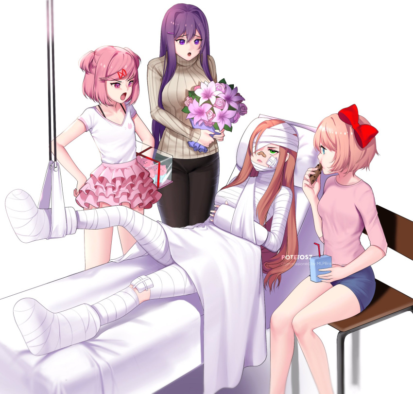 4girls :o artist_name bandaged_arm bandaged_head bandaged_leg bandaged_neck bandages bandaid bandaid_on_nose bangs beige_sweater black_pants blue_eyes blue_shorts bouquet bow box brown_hair cast casual chair chocolate_chip_cookie commentary commission cookie cupcake doki_doki_literature_club eating english_commentary eyebrows_visible_through_hair fang flower food frown green_eyes hair_between_eyes hair_bow hair_down hair_ornament hairclip hands_on_hips highres injury long_hair long_sleeves looking_at_another monika_(doki_doki_literature_club) multiple_girls natsuki_(doki_doki_literature_club) one_eye_covered open_mouth pants pink_eyes pink_hair pink_shirt pink_skirt potetos7 purple_hair reclining red_bow ribbed_sweater sayori_(doki_doki_literature_club) shirt short_hair short_shorts short_sleeves shorts sidelocks simple_background sitting skirt standing sweater turtleneck turtleneck_sweater two_side_up v-shaped_eyebrows very_long_hair violet_eyes watermark white_background white_shirt yuri_(doki_doki_literature_club)