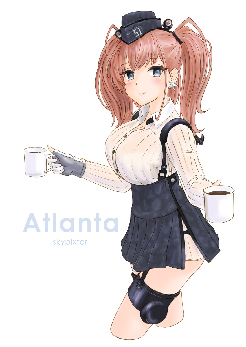 1girl absurdres artist_name atlanta_(kantai_collection) black_skirt breasts brown_hair character_name clothes_writing commentary_request cowboy_shot cropped_legs cup earrings garrison_cap grey_eyes grey_skirt hat highres jewelry kantai_collection large_breasts long_sleeves looking_at_viewer mug pleated_skirt shirt simple_background skirt skypixter solo star star_earrings suspender_skirt suspenders white_background white_shirt