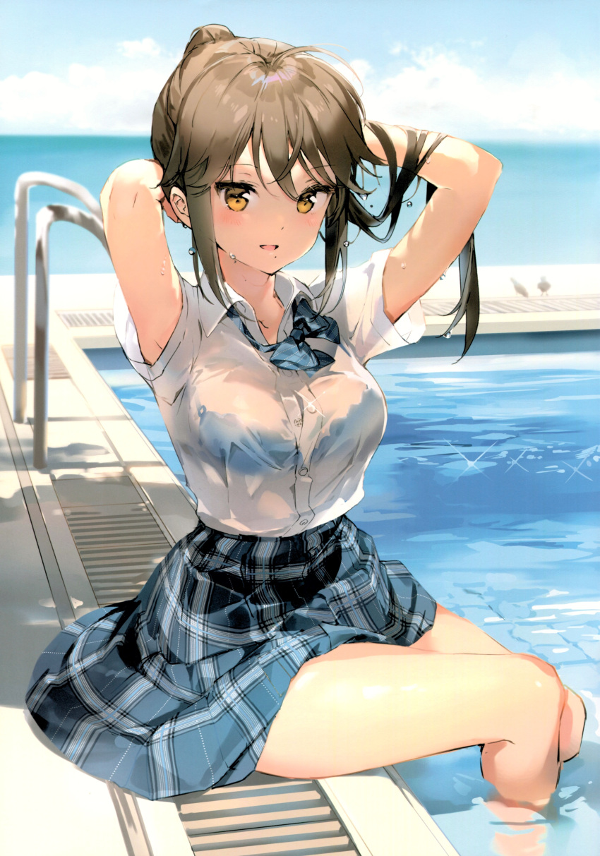 1girl absurdres anmi armpit_peek arms_behind_head arms_up bare_arms blue_bra blue_sky blurry bow bowtie bra bra_through_clothes breasts brown_eyes brown_hair buttons collared_shirt day depth_of_field dress_shirt highres horizon long_hair looking_at_viewer mole mole_under_mouth ocean original outdoors parted_lips ponytail pool scan school_uniform see-through shirt shirt_tucked_in short_sleeves sidelocks sitting sky smile solo thighs underwear water white_shirt