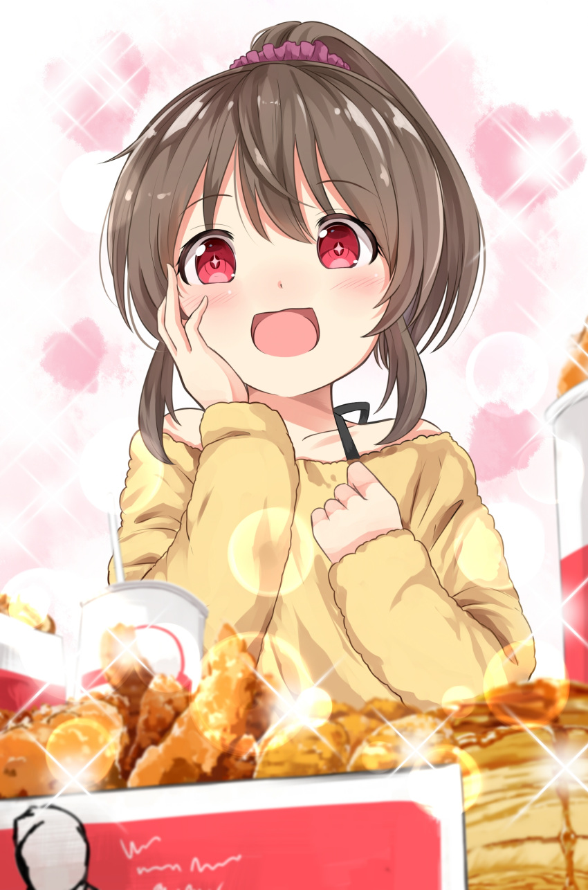 1girl :d absurdres bird blush brown_hair chicken closed_eyes collarbone commentary cup disposable_cup eating excited eyebrows_visible_through_hair food hair_ornament hair_scrunchie hand_on_own_cheek heart heart_background high_ponytail highres hori_yuuko idolmaster idolmaster_cinderella_girls kfc long_sleeves medium_hair off_shoulder open_mouth ponytail purple_scrunchie red_eyes scrunchie shirt smile solo sora_(silent_square) sparkle sparkle_background yellow_shirt
