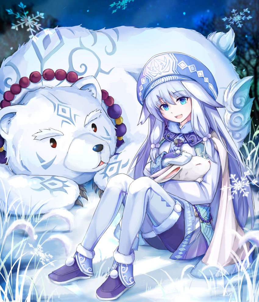 1girl absurdres ainu_clothes animal bead_necklace beads bear blue_eyes blue_hair cape fate/grand_order fate_(series) hat highres holding holding_animal jewelry long_hair mittens necklace pantyhose polar_bear rabbit shirou_(fate/grand_order) sitonai sitting snow snowflakes thigh-highs user_zfhc5573
