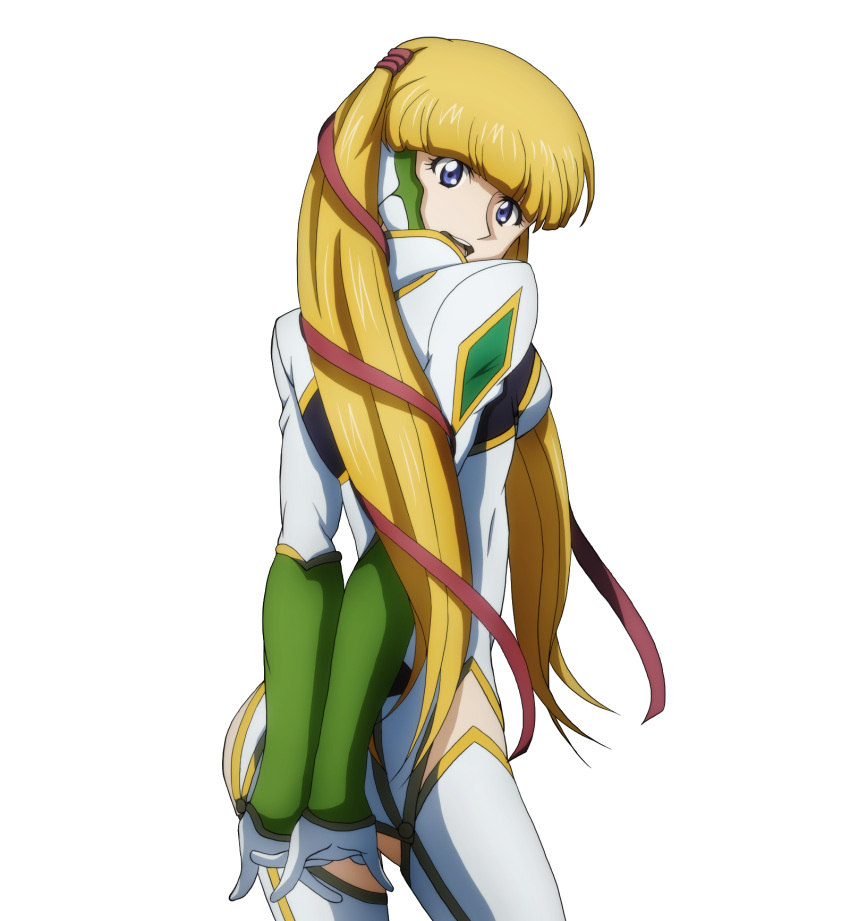 1girl blonde_hair blue_eyes breasts code_geass from_behind gloves hair_ornament hair_ribbon highres long_hair looking_at_viewer looking_back medium_breasts monica_kruszewski open_mouth pilot_suit ribbon s_a_g_a shiny shiny_hair simple_background solo standing teeth thigh-highs tongue twintails upper_teeth white_background white_gloves white_legwear