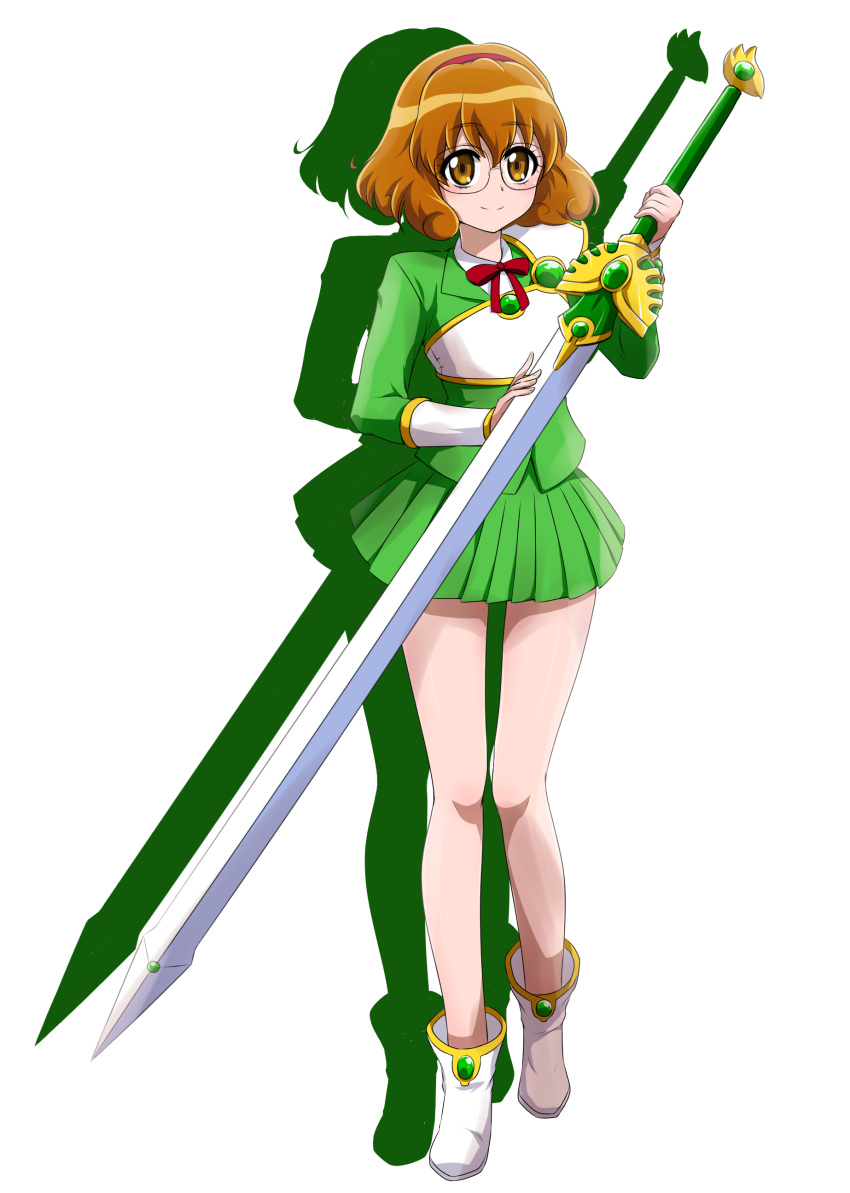 1girl absurdres boots brown_eyes brown_hair closed_mouth cosplay fresh_precure! full_body glasses green_jacket green_skirt hairband highres holding holding_sword holding_weapon hououji_fuu hououji_fuu_(cosplay) jacket long_sleeves looking_at_viewer magic_knight_rayearth miniskirt neck_ribbon niita pleated_skirt precure red_hairband red_ribbon ribbon shadow shiny shiny_hair short_hair shoulder_armor simple_background skirt smile solo standing sword weapon white_background white_footwear yamabuki_inori