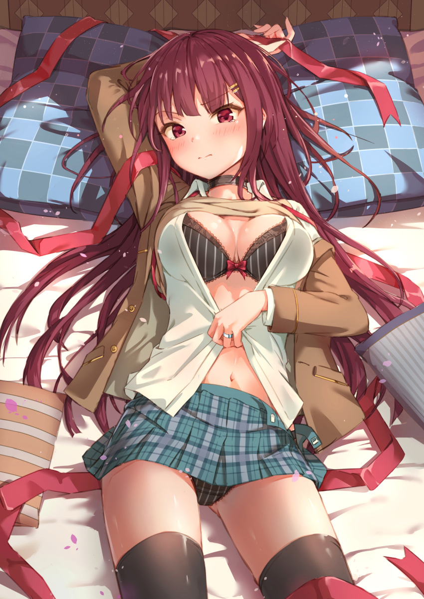 1girl bangs black_bra black_legwear black_panties blush bow bow_bra bra choker coat collared_shirt cowboy_shot eyebrows_visible_through_hair girls_frontline hair_ornament hairclip heartsix highres jewelry long_hair long_sleeves lying navel on_back open_clothes open_coat open_shirt panties pillow purple_hair red_eyes red_ribbon ribbon ring shirt solo striped sweater_vest tears thigh-highs underwear vertical-striped_bra vertical-striped_panties vertical_stripes wa2000_(girls_frontline) wedding_band white_shirt