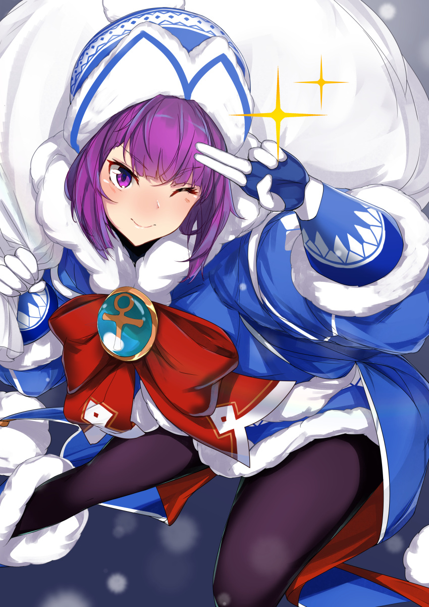 1girl absurdres ankh badge bangs beanie blue_coat blue_dress blue_gloves blush bow breasts closed_mouth coat dress fate/grand_order fate/grand_order_arcade fate_(series) fur-trimmed_dress gloves hat helena_blavatsky_(christmas)_(fate) helena_blavatsky_(fate/grand_order) highres hooded_coat large_bow long_sleeves looking_at_viewer nanakaku one_eye_closed open_clothes open_coat pantyhose purple_hair purple_legwear red_bow sack short_hair small_breasts smile solo sparkle violet_eyes