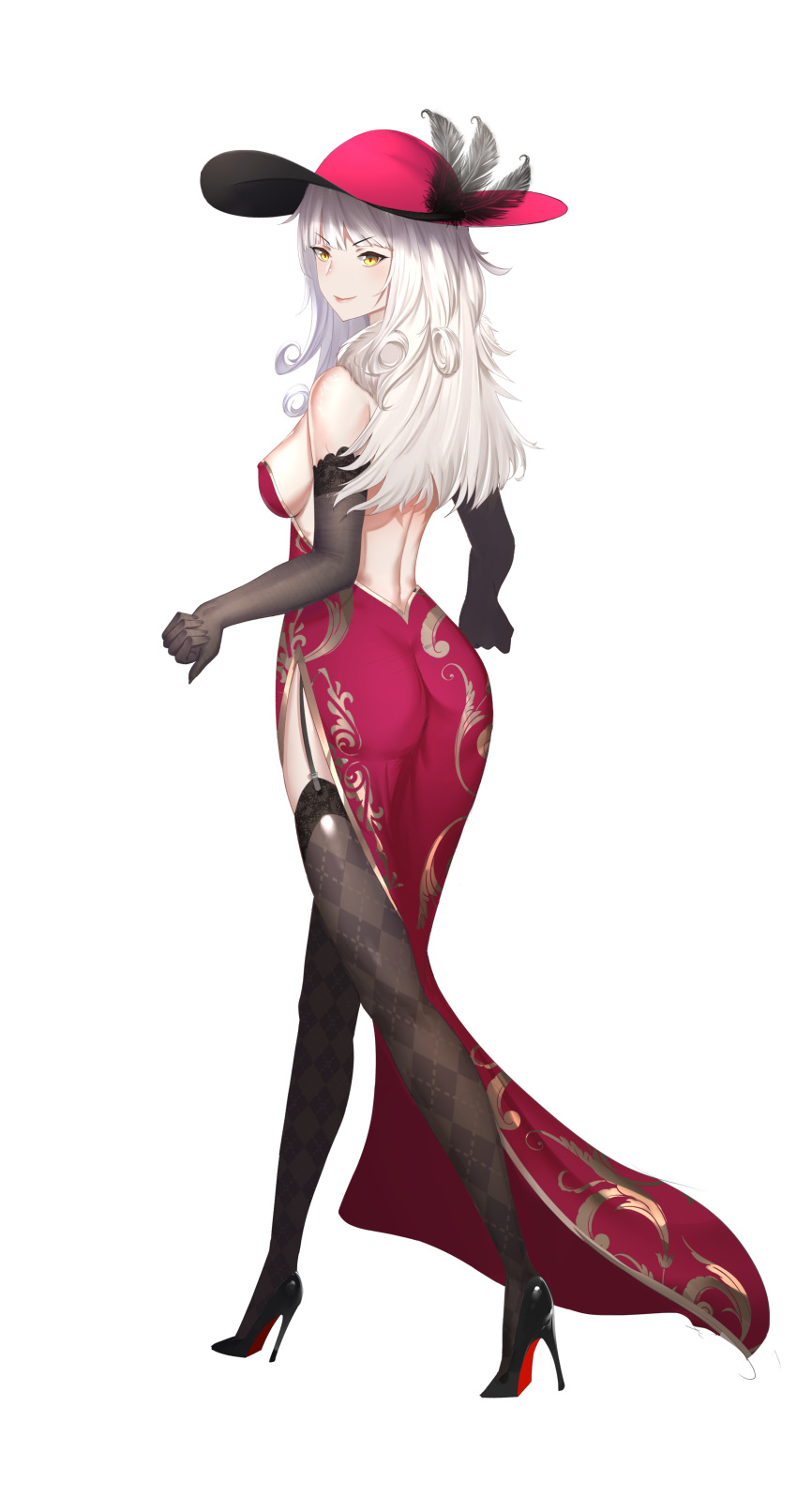 &gt;:) 1girl absurdres alternate_costume argyle argyle_legwear ass backless_dress backless_outfit bangs black_footwear black_gloves breasts brown_legwear carmilla_(fate/grand_order) covered_nipples curly_hair dress elbow_gloves eyebrows_visible_through_hair fate/grand_order fate_(series) feathers full_body garter_straps gloves hat_feather high_heels highres izaac long_dress long_hair looking_at_viewer medium_breasts red_dress red_headwear shoes side_slit simple_background solo stiletto_heels strapless strapless_dress thigh-highs walking white_background white_hair yellow_eyes