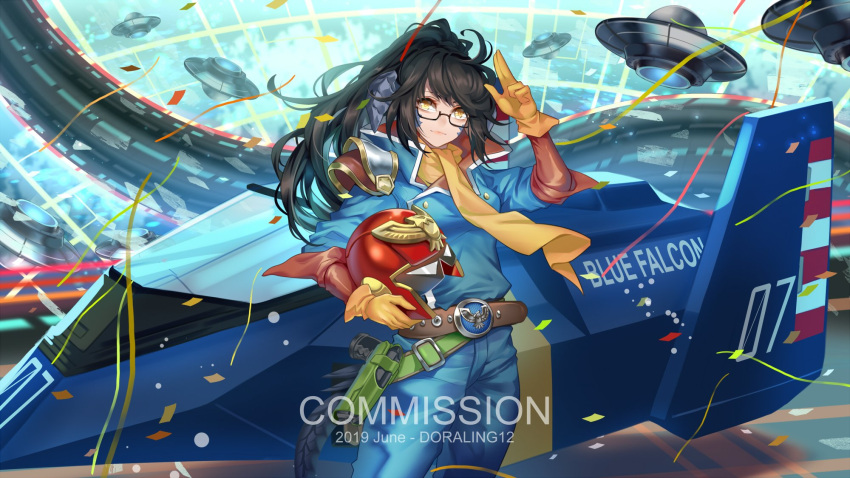 1girl arm_up au_ra belt black_hair blush brown_eyes captain_falcon captain_falcon_(cosplay) closed_mouth commission cosplay eyebrows_visible_through_hair f-zero final_fantasy final_fantasy_xiv glasses gloves highres ling_(doraling12) long_hair looking_at_viewer ponytail salute smile yellow_gloves