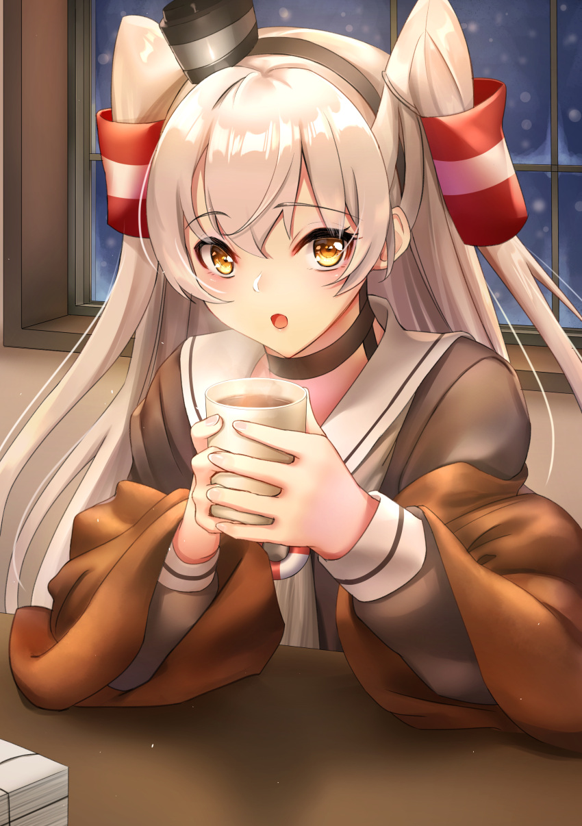 1girl absurdres amatsukaze_(kantai_collection) blush brown_dress brown_eyes cup dress eyebrows_visible_through_hair hair_between_eyes hair_tubes hairband hat highres kantai_collection lifebuoy long_hair looking_at_viewer mini_hat night open_mouth paper sailor_dress sakurahuji-iro silver_hair sitting snowing table two_side_up winter