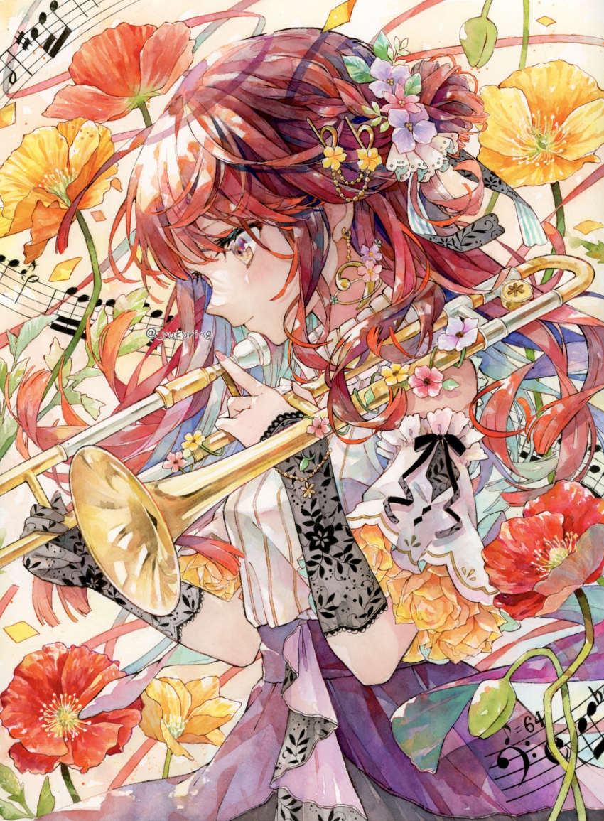 1girl asymmetrical_gloves closed_mouth detached_sleeves earrings flower flower_request from_side hair_flower hair_ornament highres holding holding_instrument instrument jewelry long_hair musical_note original painting_(medium) red_flower redhead short_sleeves smile traditional_media trombone watercolor_(medium) yellow_flower yukoring