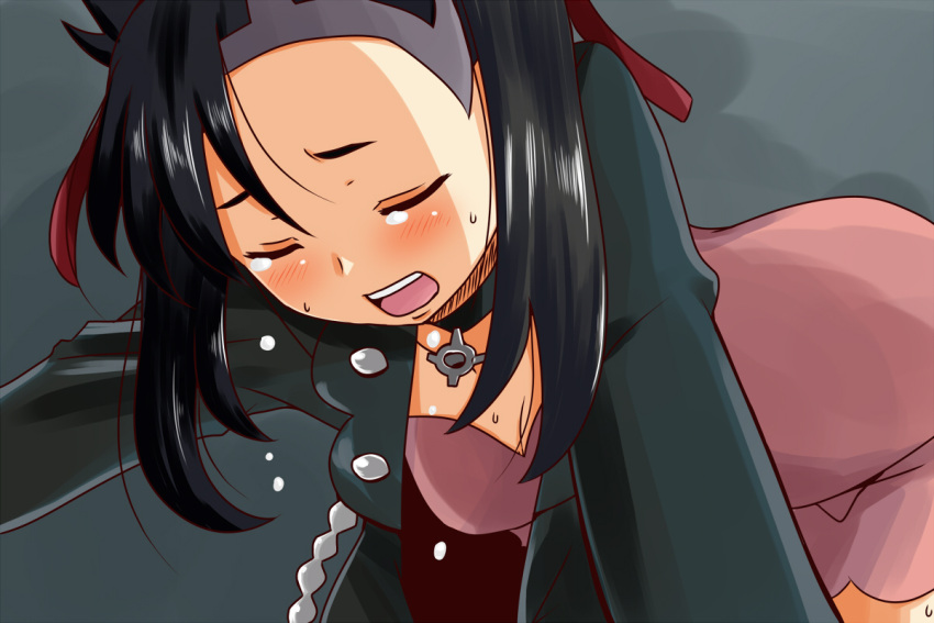 1girl all_fours black_hair blush choker closed_eyes dress hair_ribbon jacket mary_(pokemon) nishi_koutarou open_mouth pink_dress pokemon pokemon_(game) pokemon_swsh ribbon short_hair solo tears two_side_up