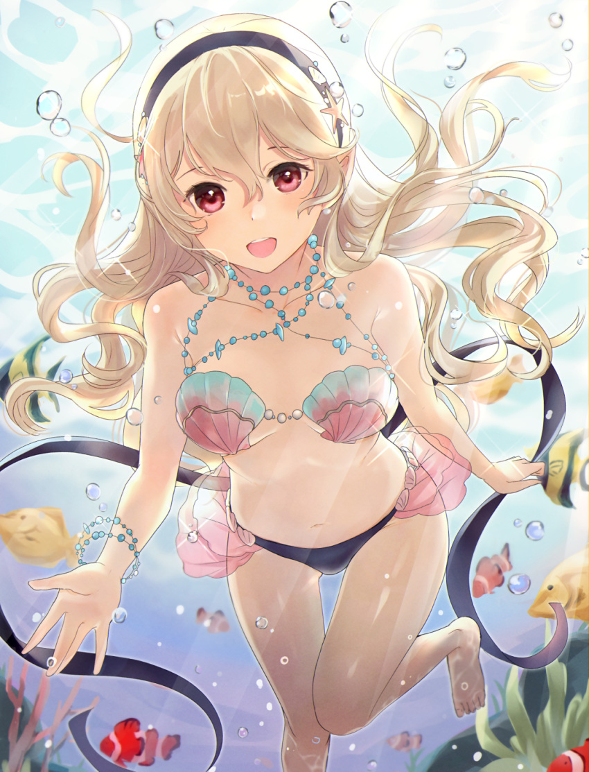 1girl bikini black_hairband corrin_(fire_emblem) corrin_(fire_emblem)_(female) fire_emblem fire_emblem_cipher fire_emblem_fates fish hairband haru_(nakajou-28) highres long_hair open_mouth pointy_ears red_eyes shell shell_bikini solo swimsuit white_hair