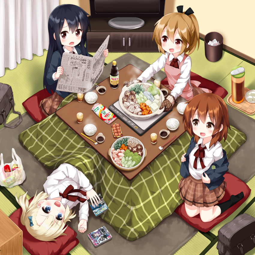 4girls :d apron bag black_hair black_legwear black_ribbon blazer blonde_hair blue_eyes blue_jacket blush brown_eyes brown_hair brown_skirt chopsticks collared_shirt commentary_request copyright_request curtains dress_shirt flat_screen_tv food hair_ribbon highres holding holding_newspaper hotpot indoors jacket kneehighs kneeling kotatsu light_brown_hair long_hair lying manga_time_kirara multiple_girls nabe neck_ribbon newspaper no_shoes on_side open_blazer open_clothes open_jacket open_mouth oven_mitts pink_apron plastic_bag pleated_skirt ponytail red_eyes red_ribbon ribbon ruu_(tksymkw) school_bag school_uniform shirt skirt smile table television trash_can tray very_long_hair white_shirt