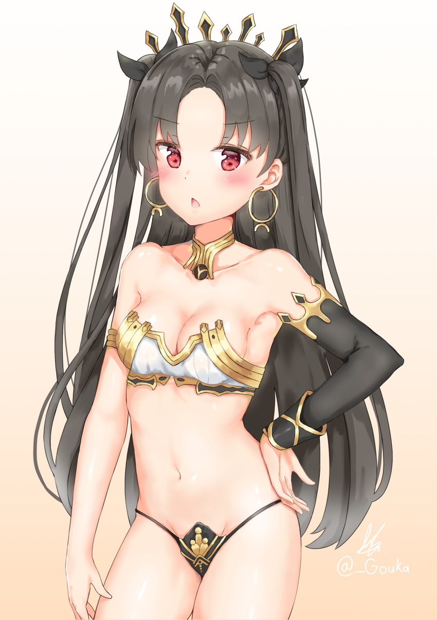 1girl absurdres artist_name bangs bare_shoulders black_hair blush breasts collarbone commentary_request crown earrings eyebrows_visible_through_hair fate/grand_order fate_(series) hair_ribbon highres hoop_earrings ishtar_(fate/grand_order) jewelry long_hair looking_at_viewer medium_breasts navel open_mouth parted_bangs red_eyes ribbon signature simple_background smile solo two_side_up user_rrhj8372 white_background