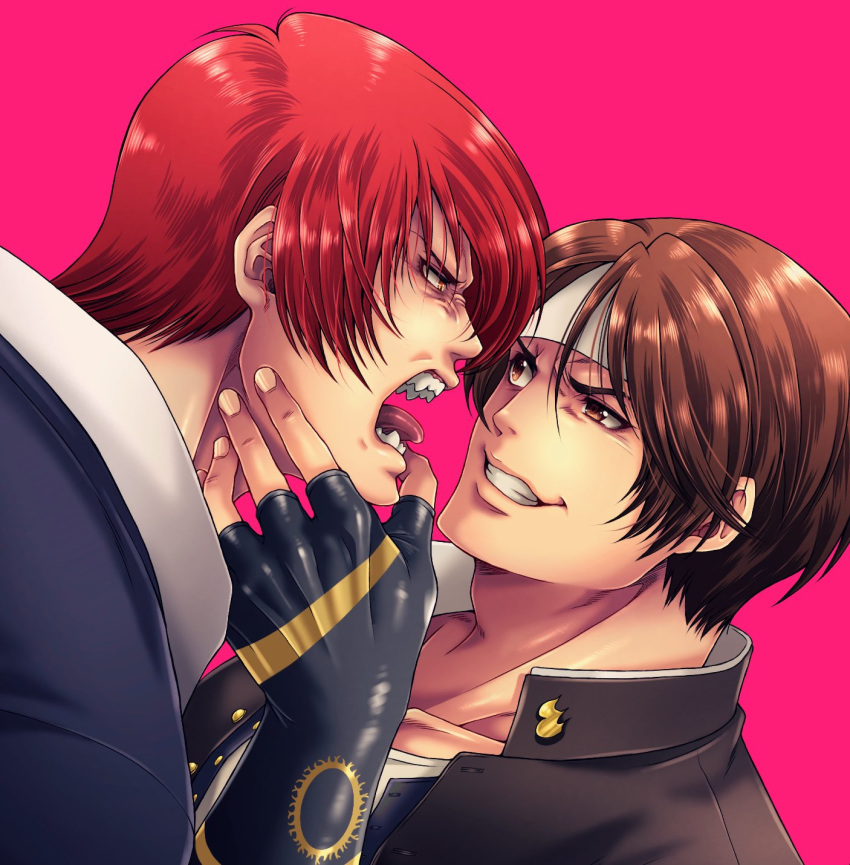 2boys fingerless_gloves gloves hand_on_another's_face headband highres kusanagi_kyou miru_(mill_36) multiple_boys open_mouth redhead school_uniform sharp_teeth short_hair smirk teeth the_king_of_fighters tongue tongue_out yagami_iori
