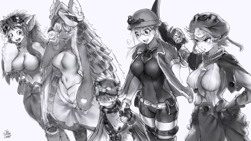 1other 4girls age_difference age_progression animal_ears ara_ara breasts commentary english_commentary fur glasses greyscale helmet highres holding_hands impossible_clothes large_breasts long_hair made_in_abyss medium_breasts mitty_(made_in_abyss) monochrome multiple_girls nanachi_(made_in_abyss) navel ojou-sama_pose paws prushka regu_(made_in_abyss) riko_(made_in_abyss) semi-rimless_eyewear short_hair tagme the_golden_smurf under-rim_eyewear unitard weapon you_gonna_get_raped