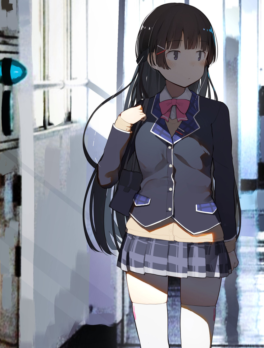 1girl bag bangs black_hair black_jacket blazer blunt_bangs bow bowtie cardigan close-up commentary_request cowboy_shot fuu_fuu hair_ornament hairclip hallway highres indoors jacket long_hair looking_to_the_side nijisanji pink_neckwear purple_neckwear reflective_floor school school_bag school_uniform shadow solo thigh-highs tsukino_mito very_long_hair virtual_youtuber walking white_legwear window yellow_cardigan zettai_ryouiki