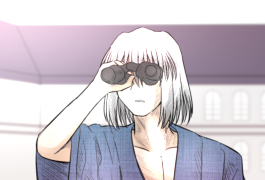 1boy binoculars japanese_clothes looking_afar male_focus open_clothes open_mouth short_hair solo toono_shiki_(2) tsukihime type-moon typeakiha73 white_hair