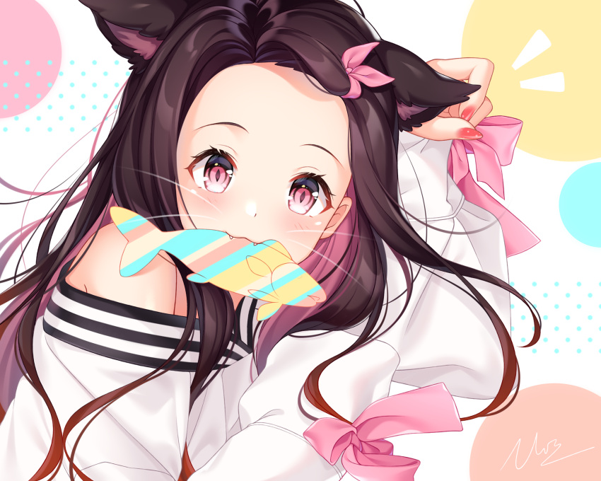 1girl alternate_costume animal_ears bare_shoulders blush cat_ears commentary_request face fangs fish hair_ribbon highres in_mouth japanese_clothes kamado_nezuko kimetsu_no_yaiba kimono looking_at_viewer multicolored nail_polish pink_eyes pink_nails pink_ribbon ribbon signature sleeves_past_wrists slit_pupils solo uosaasou white_kimono