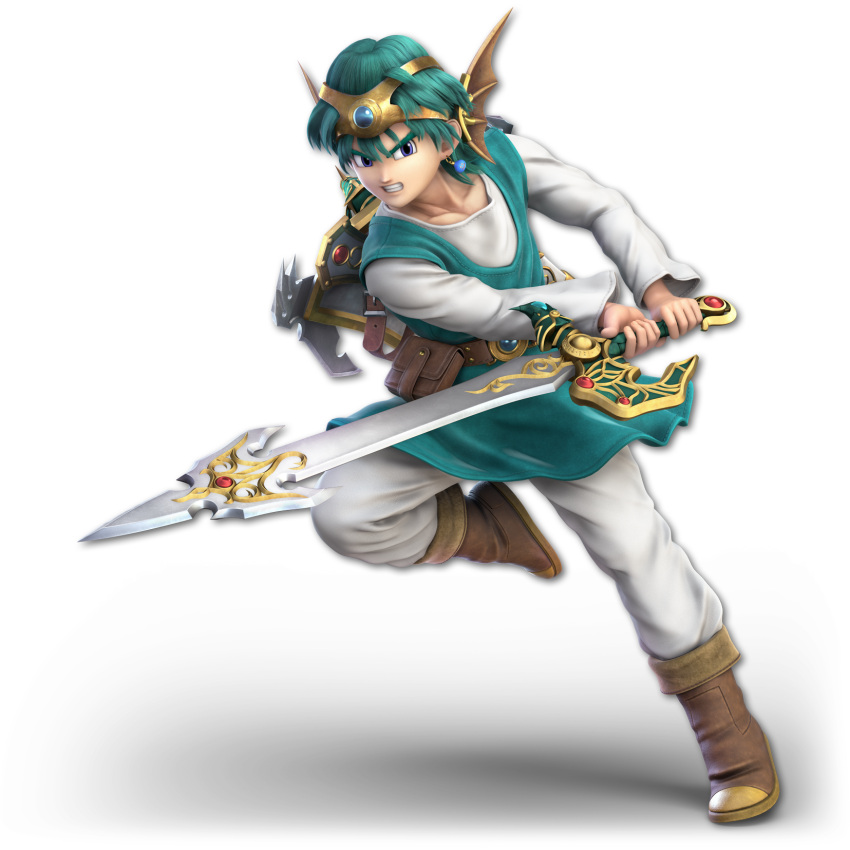 1boy 3d angry blue_eyes dragon_quest dragon_quest_iv green_hair hero_(dq4) holding_sword looking_at_viewer nintendo official_art solo solo_(dragon_quest) square_enix super_smash_bros. sword tagme teeth transparent_background weapon