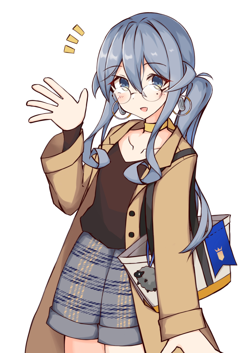 1girl :d absurdres bag bangs blue_eyes blue_hair blush brown_coat brown_shirt choker coat collarbone commentary_request earrings eyebrows_visible_through_hair glasses gotland_(kantai_collection) grey_shorts hair_between_eyes hand_up highres hoop_earrings ichi jewelry kantai_collection long_hair long_sleeves mole mole_under_eye open_clothes open_coat open_mouth round_eyewear shirt short_shorts shorts side_ponytail smile solo wide_sleeves yellow_choker