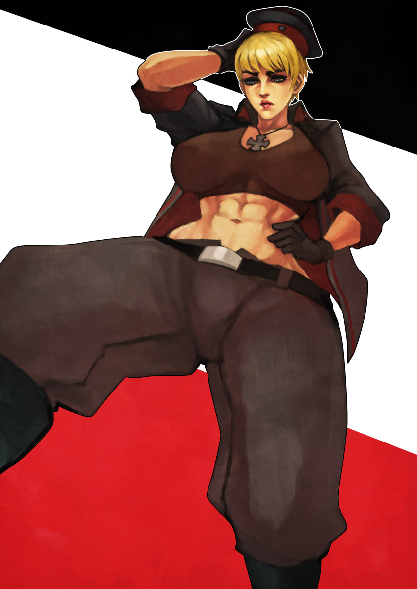 1girl abs absurdres axis_powers_hetalia baggy_pants belt black_gloves blonde_hair blue_eyes boots breasts commentary commission cross cross_necklace english_commentary eyeshadow from_below genderswap genderswap_(mtf) germany_(hetalia) gloves hand_on_hip highres iron_cross jacket jewelry large_breasts lips makeup midriff military military_uniform monori_rogue muscle muscular_female navel necklace open_clothes open_jacket pants short_hair sleeves_pushed_up solo sports_bra uniform