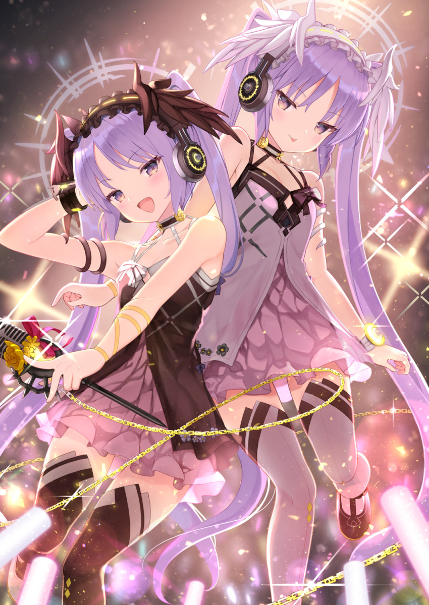 2girls :d :p arm_up bangs bell_(oppore_coppore) black_dress black_footwear black_legwear black_wings chain closed_mouth commentary_request dress euryale eyebrows_visible_through_hair fate/hollow_ataraxia fate_(series) feathered_wings frills glint glowing grey_dress grey_footwear grey_legwear head_wings headphones highres holding long_hair matching_outfit microphone_stand multiple_girls open_mouth parted_bangs purple_hair shoes smile standing standing_on_one_leg stheno thigh-highs tongue tongue_out twintails very_long_hair violet_eyes white_wings wings