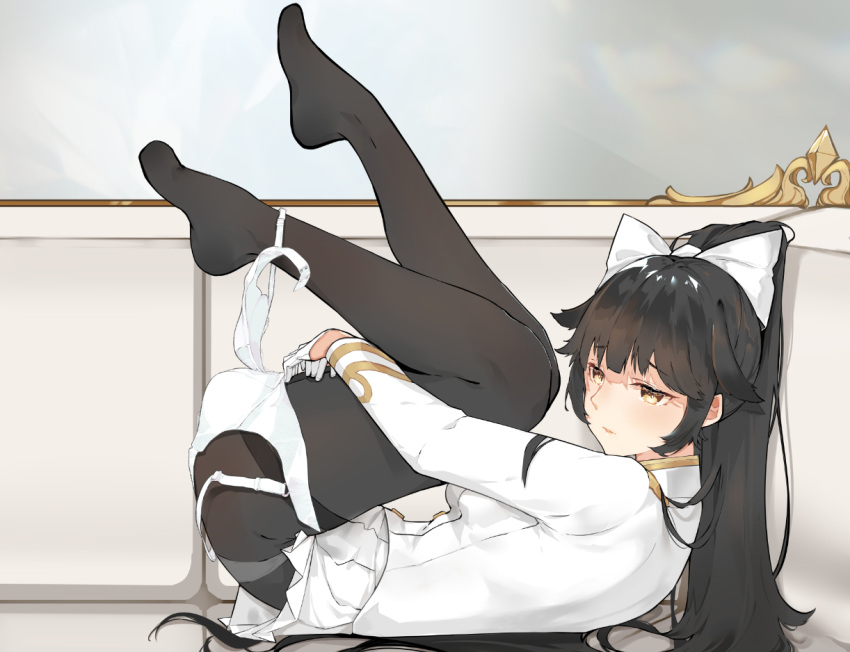 1girl azur_lane bangs black_hair blunt_bangs bow bra bra_removed brown_eyes closed_mouth commentary_request expressionless eyebrows_visible_through_hair gloves hair_bow half-closed_eyes high_ponytail legs_up long_hair long_sleeves lying medium_hair miniskirt nello_(luminous_darkness) on_back panties panties_under_pantyhose pantyhose pleated_skirt sidelocks skirt solo takao_(azur_lane) thighband_pantyhose underwear very_long_hair white_bow white_bra white_gloves white_skirt