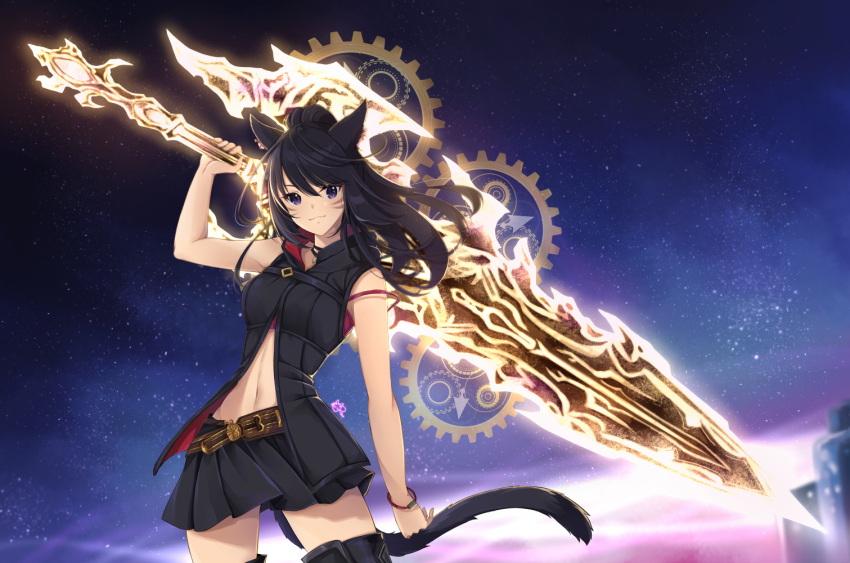 1girl :3 animal_ears belt black_hair blurry blurry_background boots bracelet cat_ears cat_tail choker commission earrings facial_mark final_fantasy final_fantasy_xiv holding holding_sword holding_weapon jewelry long_hair looking_at_viewer miqo'te navel ponytail rinminii signature skirt sky sleeveless slit_pupils smile solo standing star_(sky) starry_sky strap_slip sword tail thigh-highs thigh_boots violet_eyes weapon whisker_markings