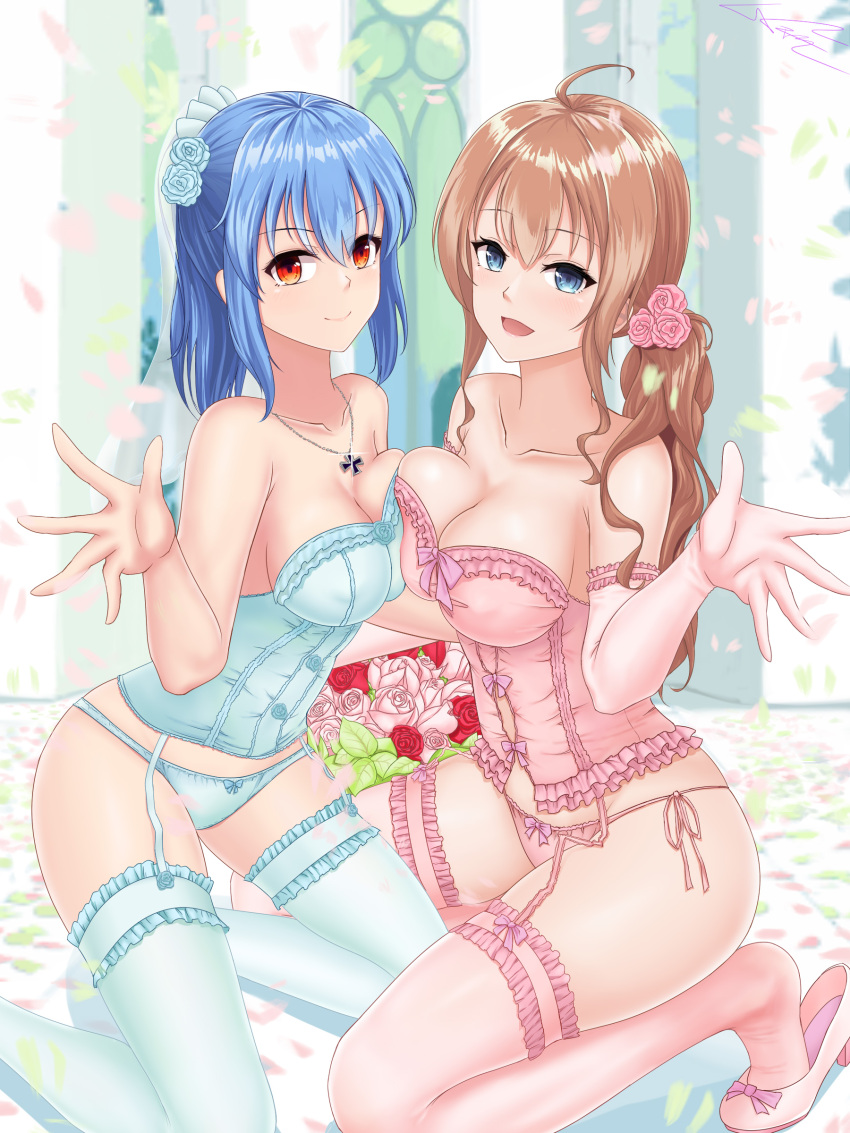 2girls absurdres ahoge alternate_costume blue_eyes blue_hair bow bow_panties breast_press breasts bustier collarbone elbow_gloves garter_straps gloves green_legwear green_panties high_heels highres iron_cross jewelry large_breasts lazgear lingerie long_hair looking_at_viewer mogami_(warship_girls_r) multiple_girls necklace orange_hair panties pink_gloves pink_legwear pink_panties prinz_eugen_(warship_girls_r) red_eyes side-tie_panties side_ponytail symmetrical_docking thigh-highs underwear underwear_only warship_girls_r